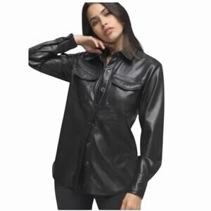 Good American Faux Leather Shirt Jacket Black Button Front Shacket Women’s XS